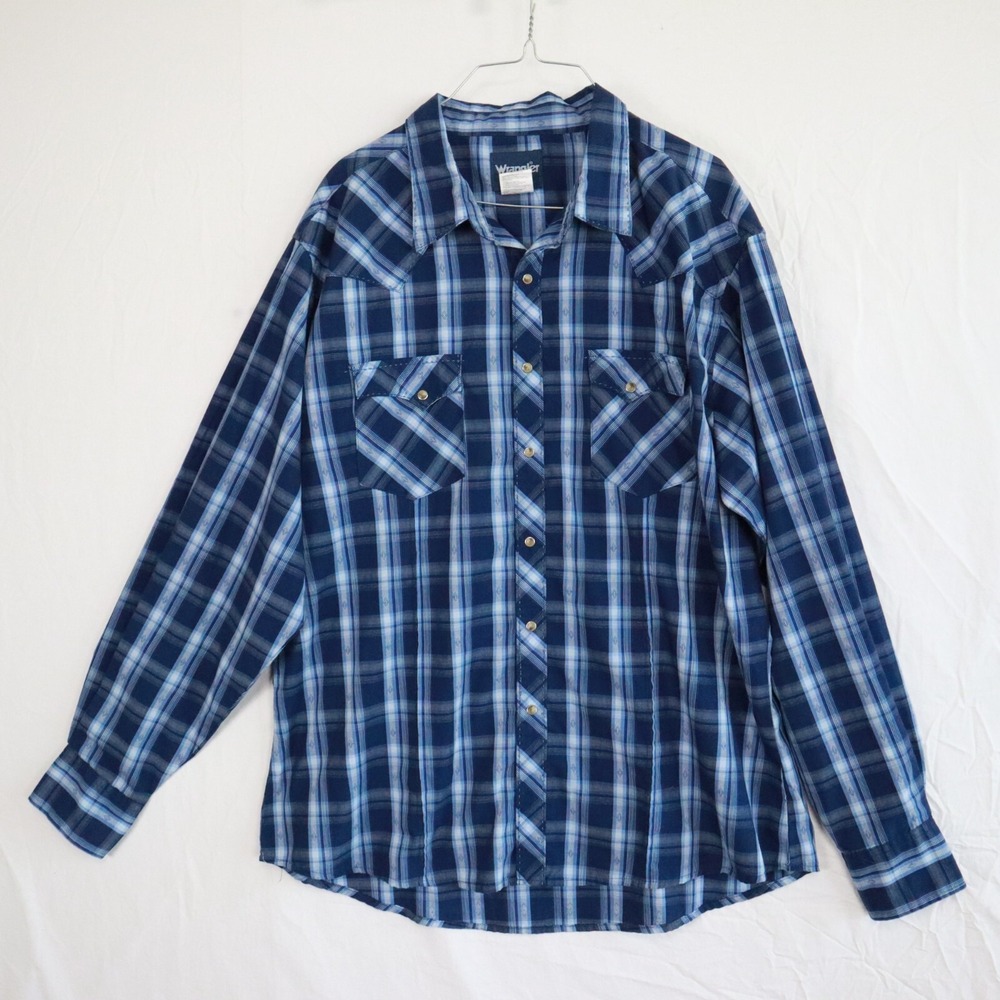 Wrangler Shirt Mens 2XL XXL Western Cowboy Pearl Snap Blue Plaid Long Sleeve